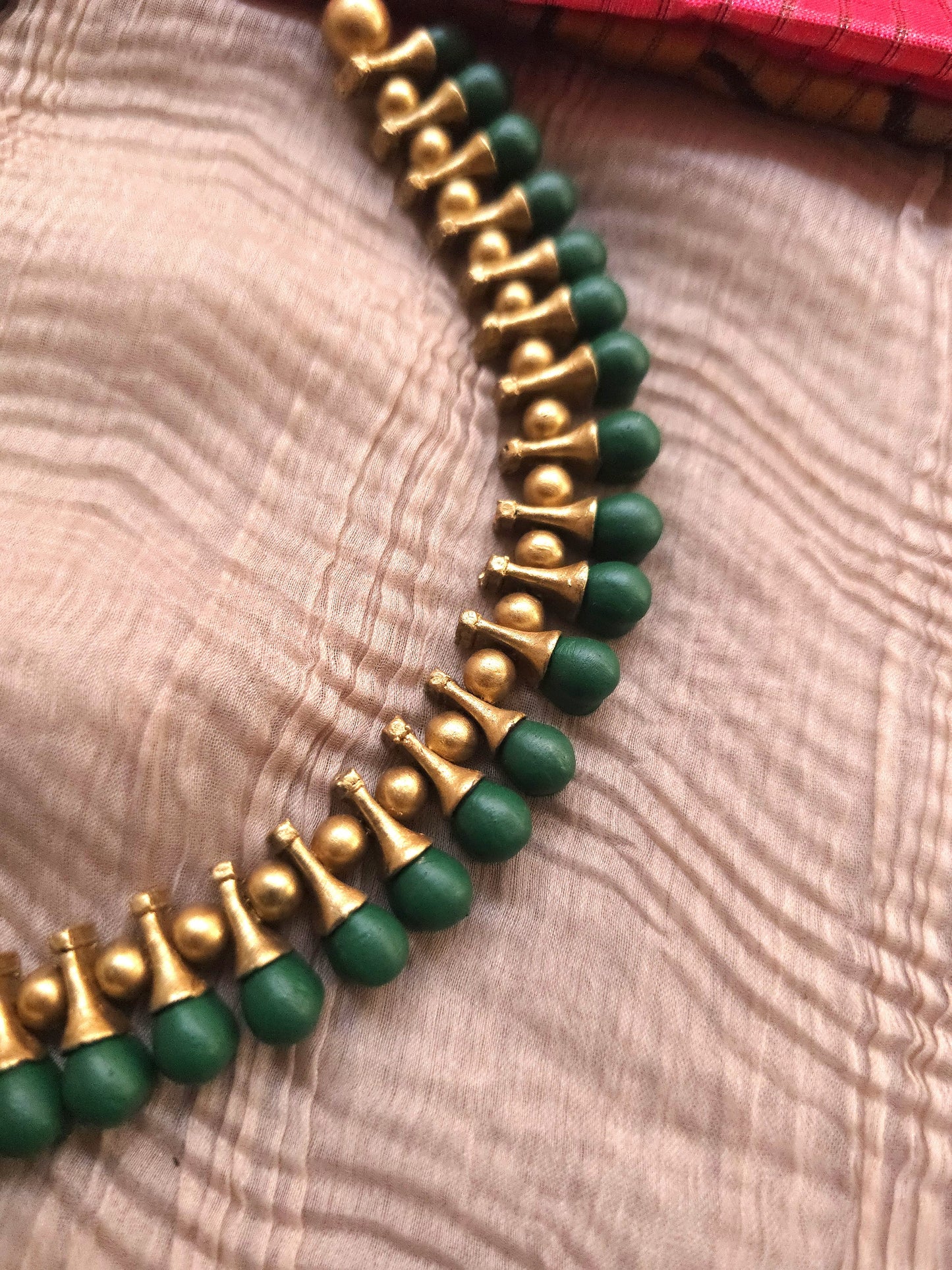 Harini Antique Gold Spindle & Forest Green Hexagonal Terracotta Pendant Set