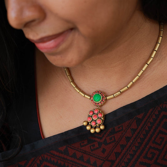 Kalki terracotta tube necklace red green floral motifs antique gold