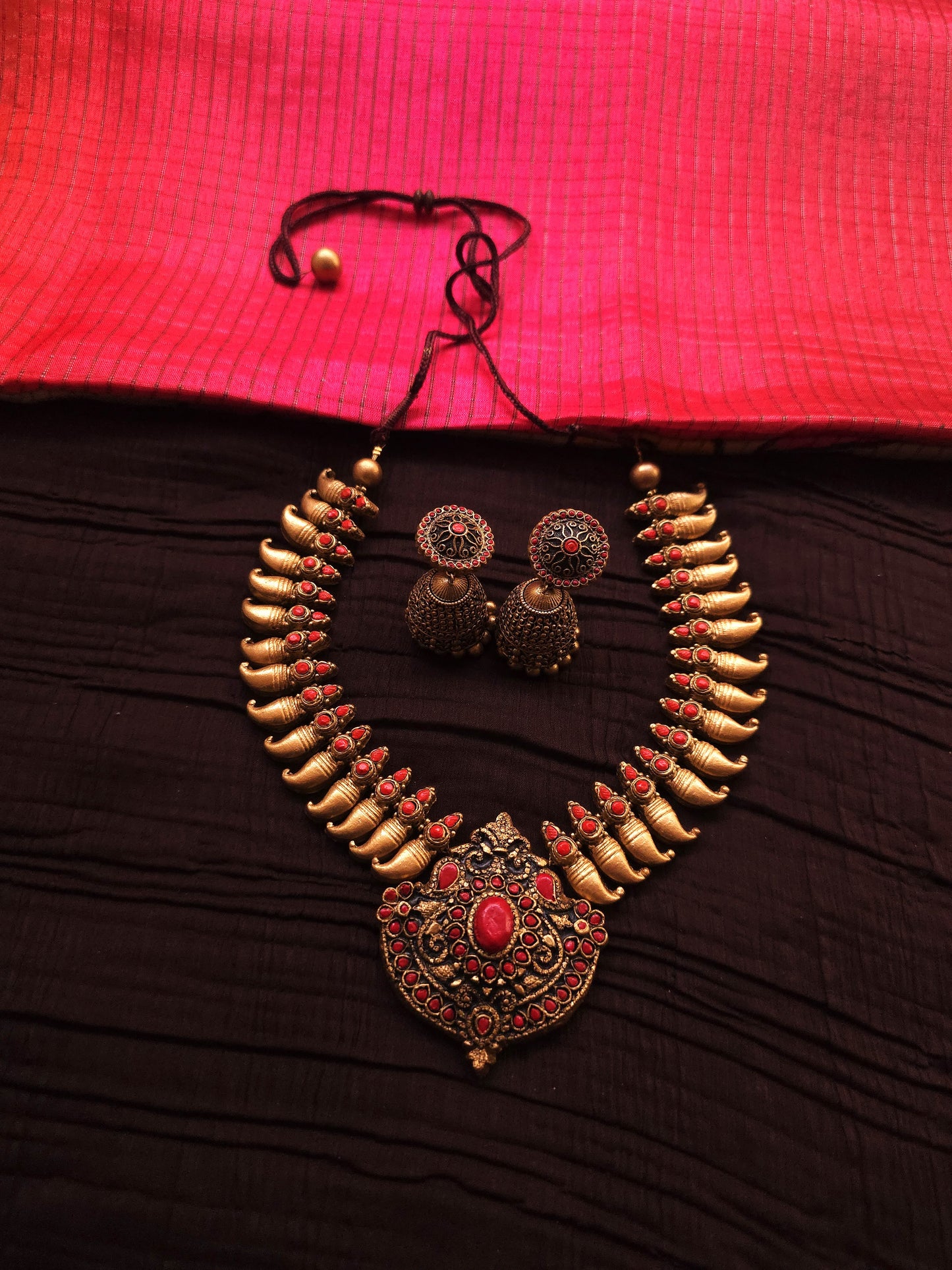 Kalyani Antique Gold Mango Bud & Royal Crimson Shield Terracotta Temple Set