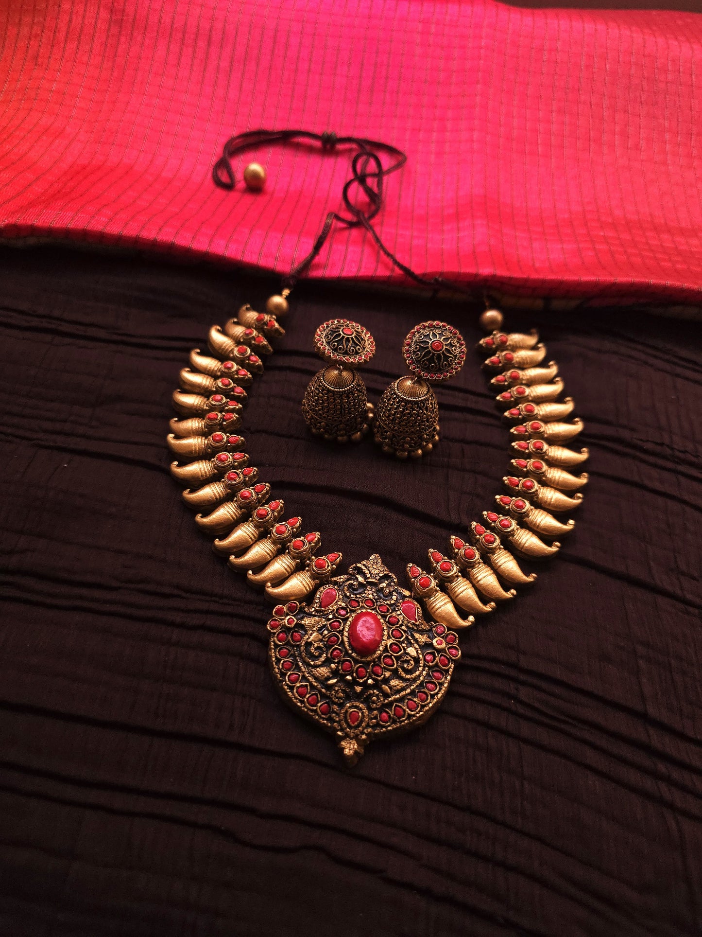 Kalyani Antique Gold Mango Bud & Royal Crimson Shield Terracotta Temple Set
