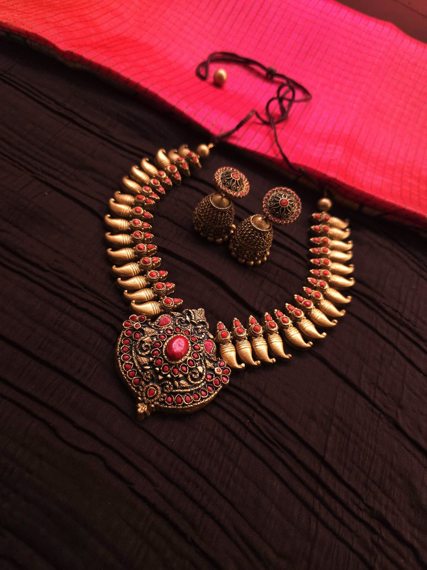 Kalyani Antique Gold Mango Bud & Royal Crimson Shield Terracotta Temple Set