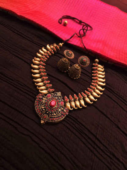 Kalyani Antique Gold Mango Bud & Royal Crimson Shield Terracotta Temple Set
