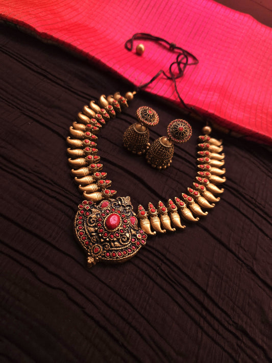 Kalyani Antique Gold Mango Bud & Royal Crimson Shield Terracotta Temple Set