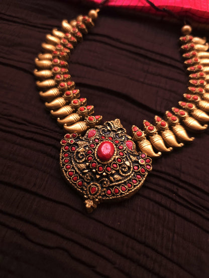 Kalyani Antique Gold Mango Bud & Royal Crimson Shield Terracotta Temple Set
