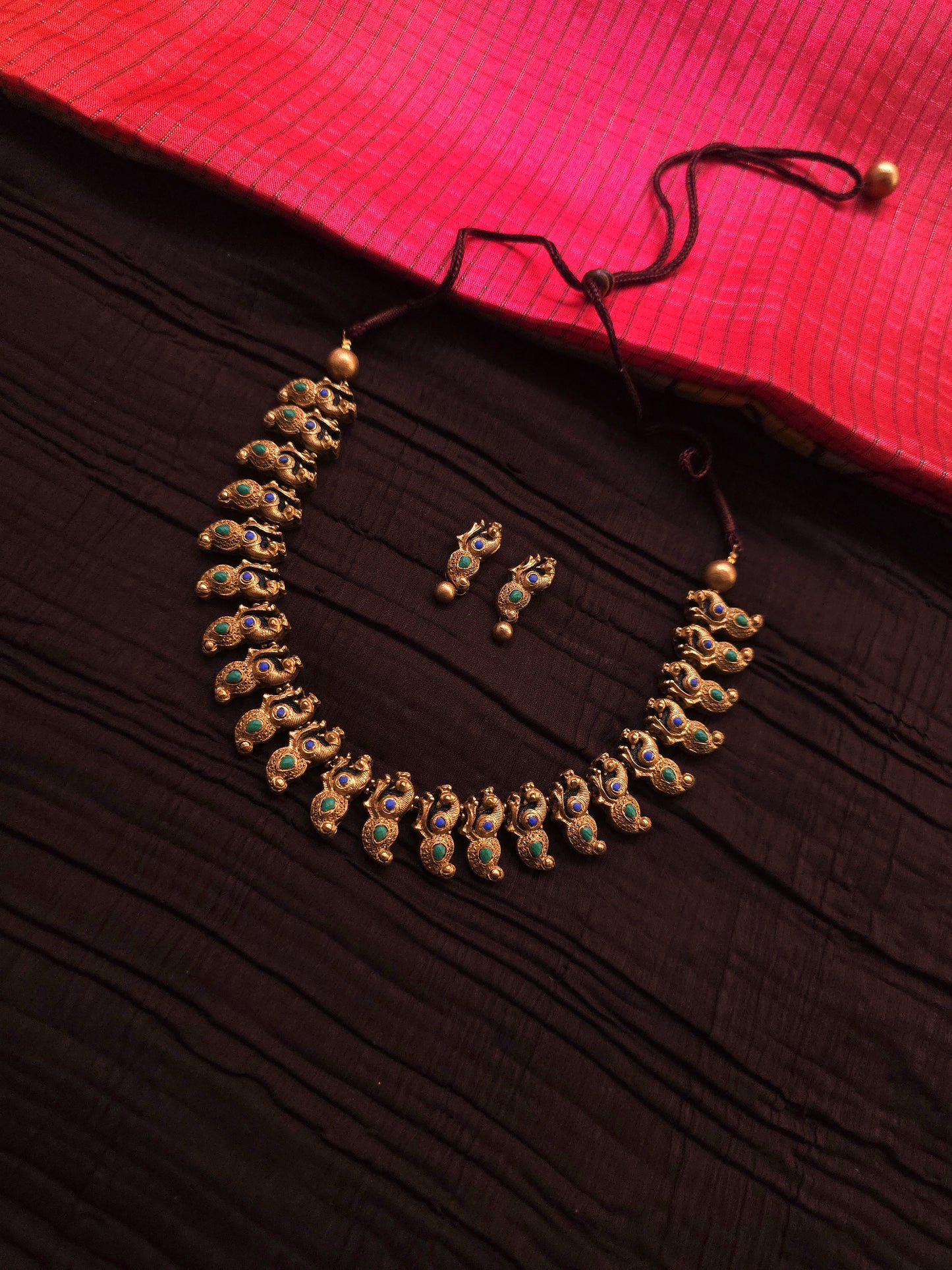 Kalyani Mayura Antique Gold Mango-Peacock & Blue-Green Terracotta Set
