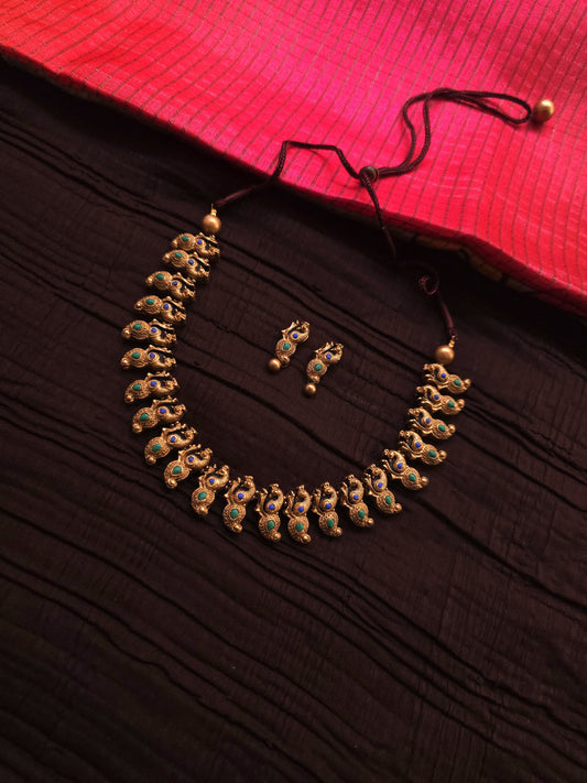 Kalyani Mayura Antique Gold Mango-Peacock & Blue-Green Terracotta Set