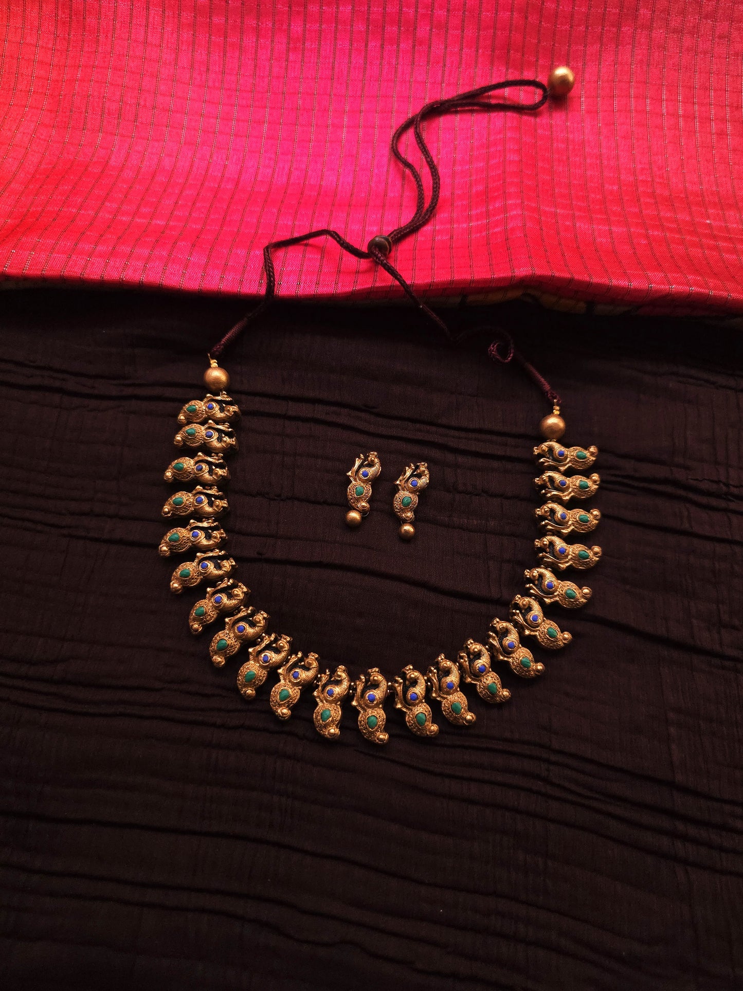 Kalyani Mayura Antique Gold Mango-Peacock & Blue-Green Terracotta Set