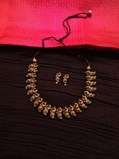 Kalyani Mayura Antique Gold Mango-Peacock & Blue-Green Terracotta Set