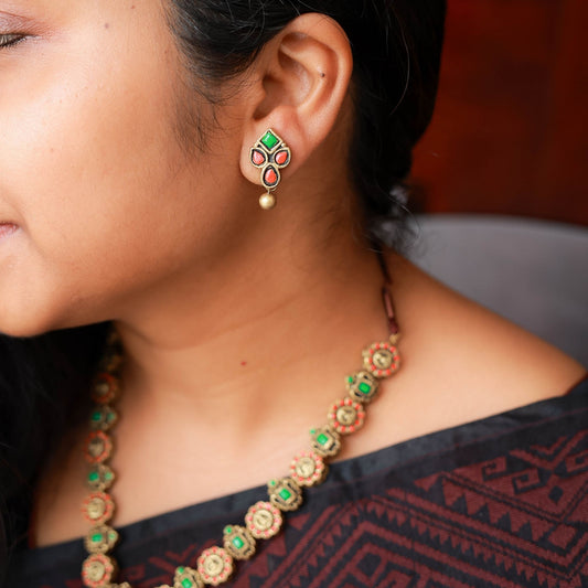 Karigai - Tiny Lakshmi coin with rectangle motifs with conemporary pendant in orange and green terracotta jewellery with matchng stud