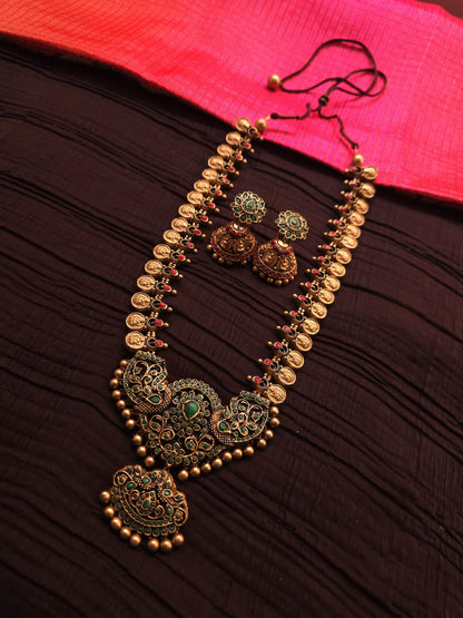 Kasu Peacock Antique Gold Coin & Emerald Green Temple Terracotta Haar Set