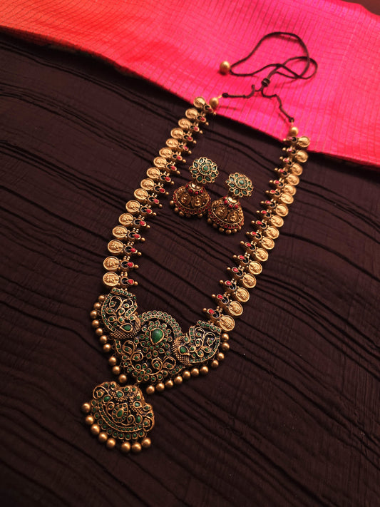 Kasu Peacock Antique Gold Coin & Emerald Green Temple Terracotta Haar Set