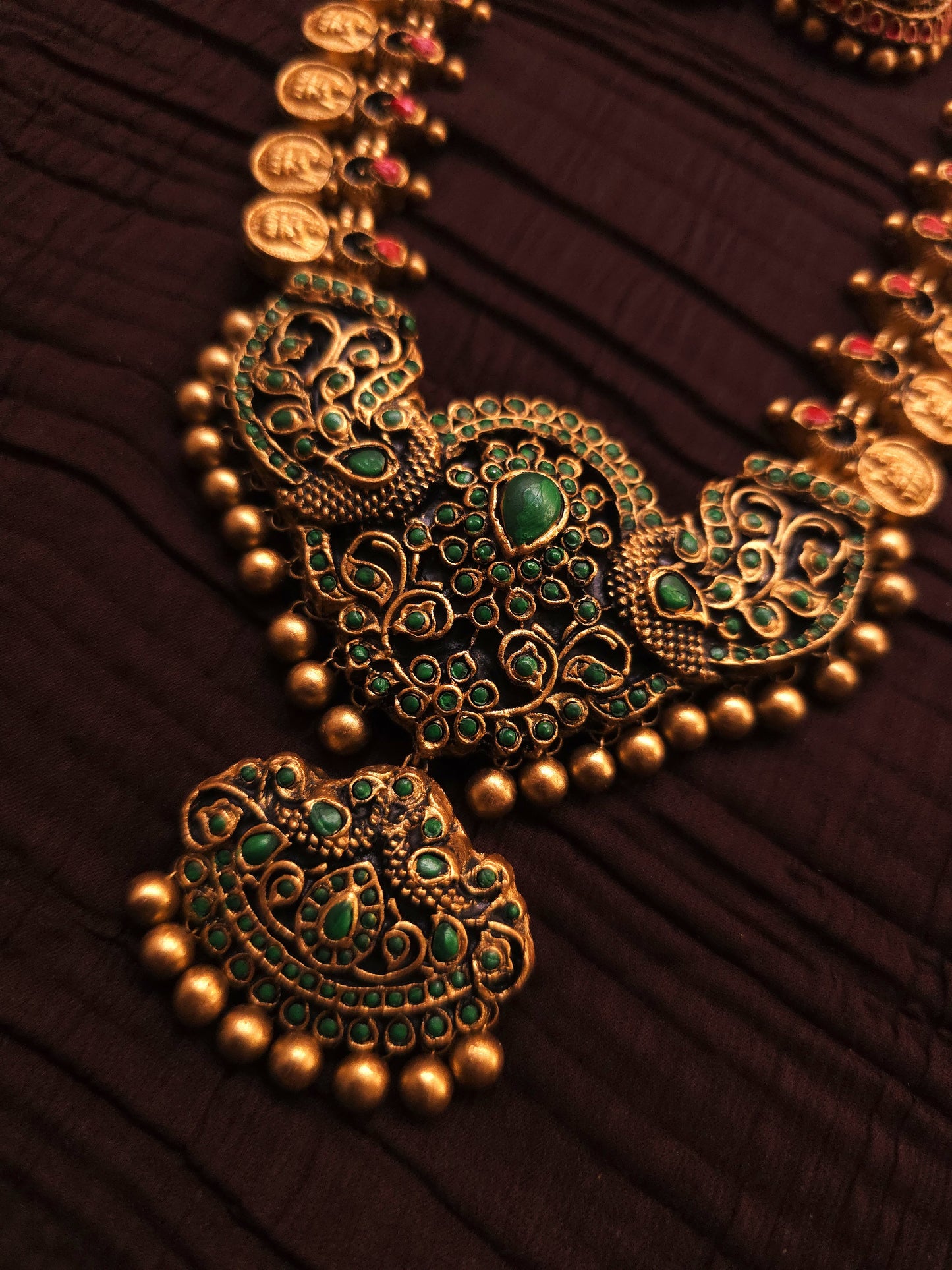 Kasu Peacock Antique Gold Coin & Emerald Green Temple Terracotta Haar Set