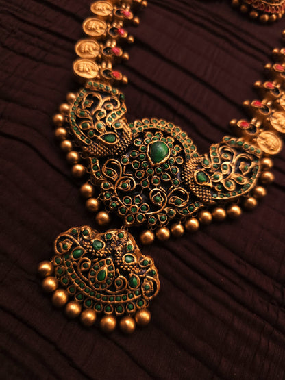 Kasu Peacock Antique Gold Coin & Emerald Green Temple Terracotta Haar Set