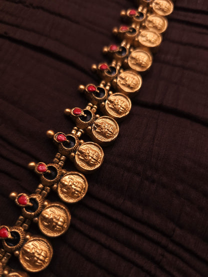 Kasu Peacock Antique Gold Coin & Emerald Green Temple Terracotta Haar Set