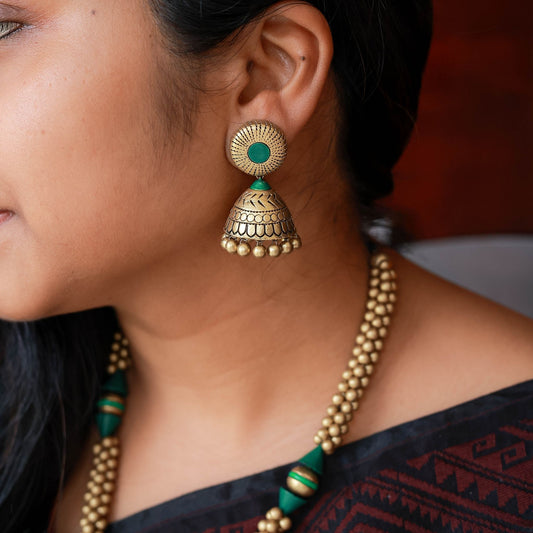 Kathakali - pendant in antique gold and green with gungroo cluster bead chain terracotta jewellery with matching jumkas