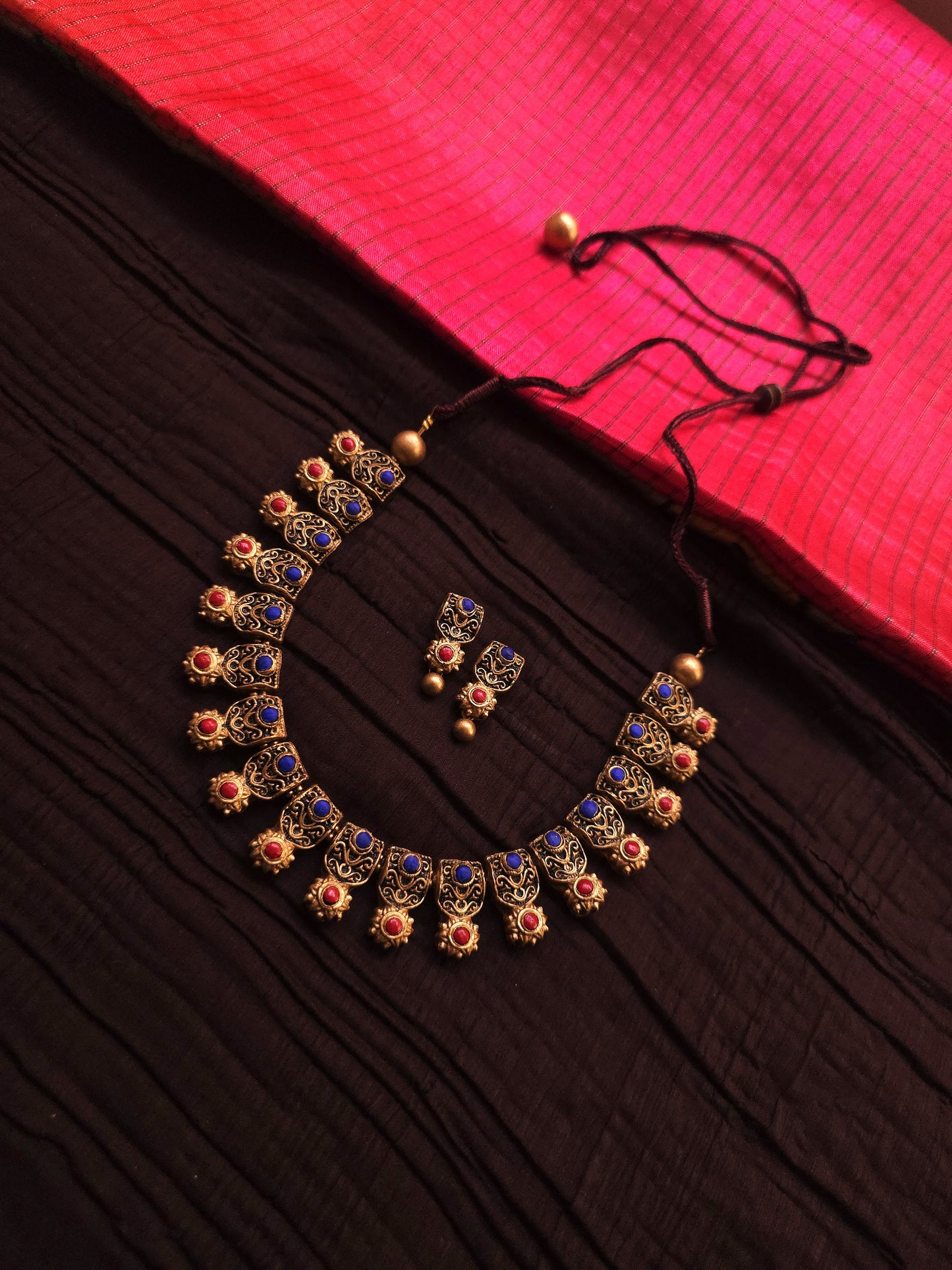 Kausalya Antique Gold Jharokha & Cobalt-Crimson Terracotta Collar Set