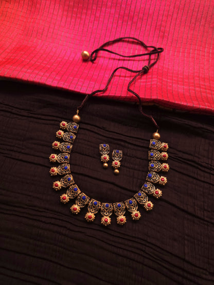 Kausalya Antique Gold Jharokha & Cobalt-Crimson Terracotta Collar Set