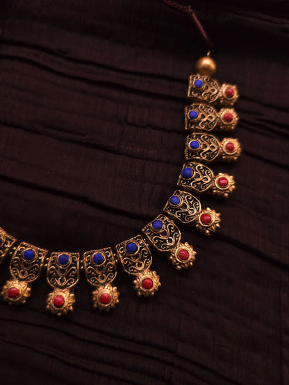 Kausalya Antique Gold Jharokha & Cobalt-Crimson Terracotta Collar Set