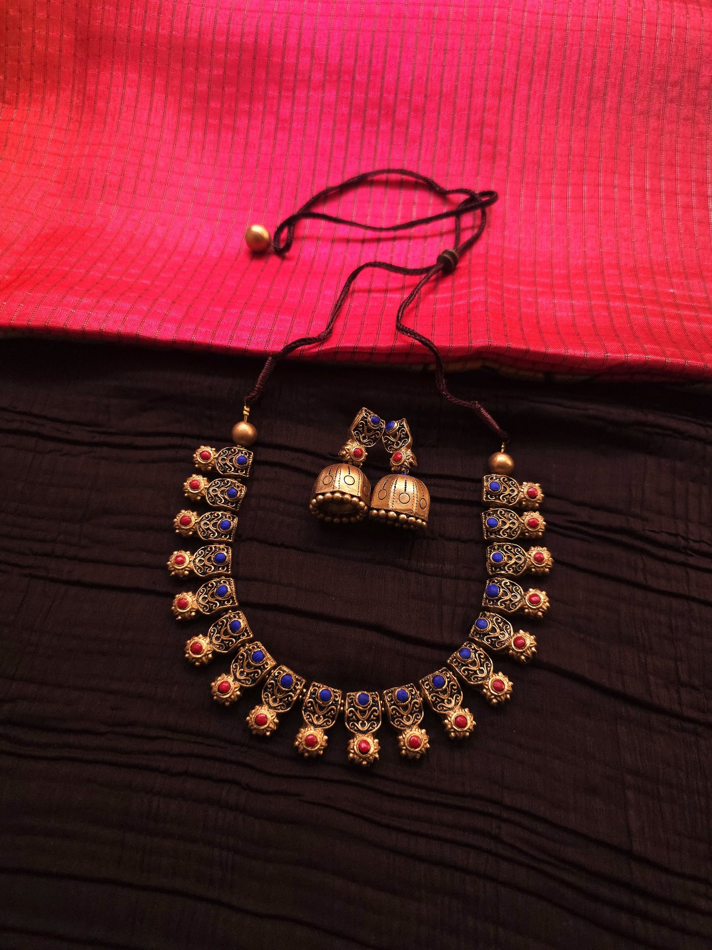 Kausalya Antique Gold Jharokha & Cobalt-Crimson Terracotta Collar Set with jumka