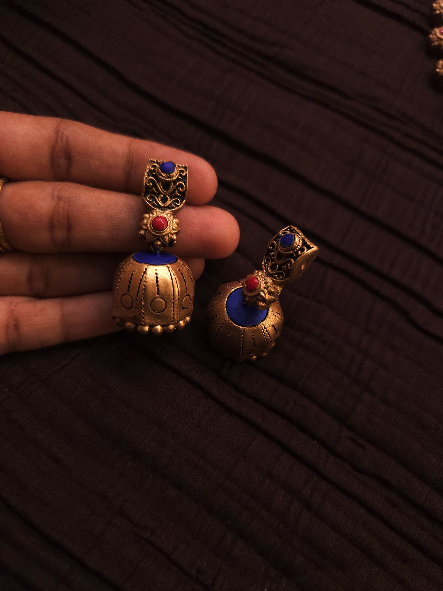 Kausalya Antique Gold Jharokha & Cobalt-Crimson Terracotta Collar Set with jumka