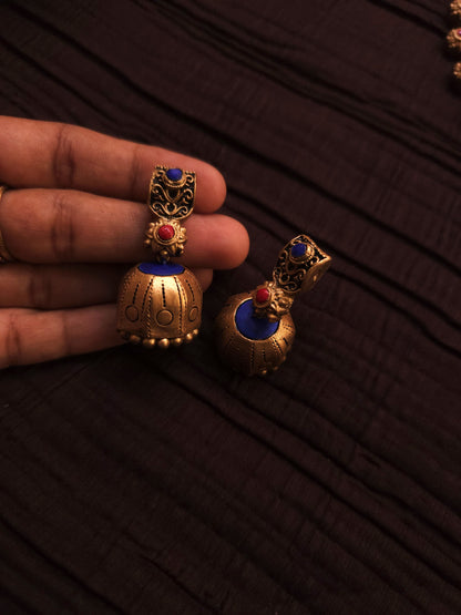 Kausalya Antique Gold Jharokha & Cobalt-Crimson Terracotta Collar Set with jumka