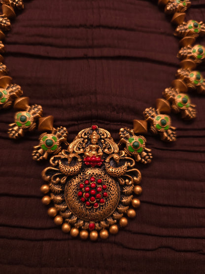 Lakshmi Vaibhav Antique Gold Lakshmi & Peacock Temple Terracotta Set