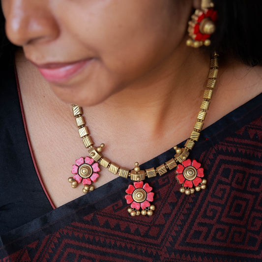 Lavanya - Red Flowers with tube pattern antique gold terracotta jewellery