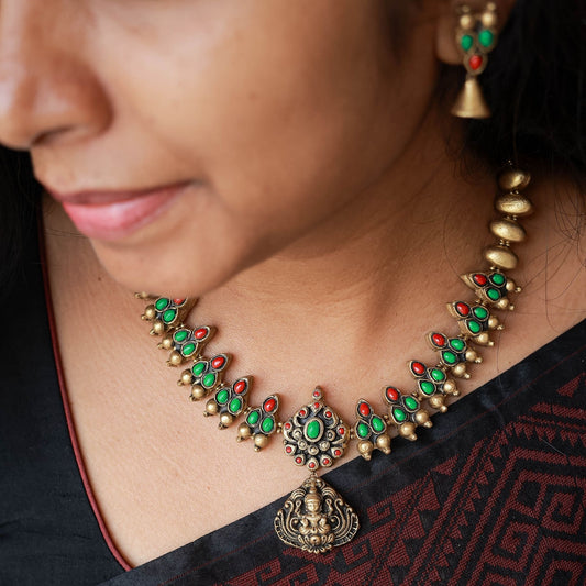 Maalini - Red Green antique golg fringe beads necklace with Lakshmi pendant terracotta jewellery with matching earrings