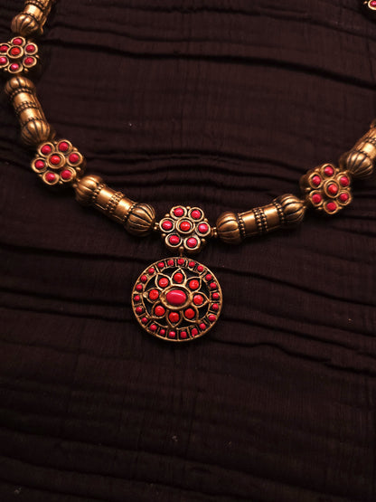 Malini Antique Gold Drum & Crimson Floral Medallion Terracotta Set