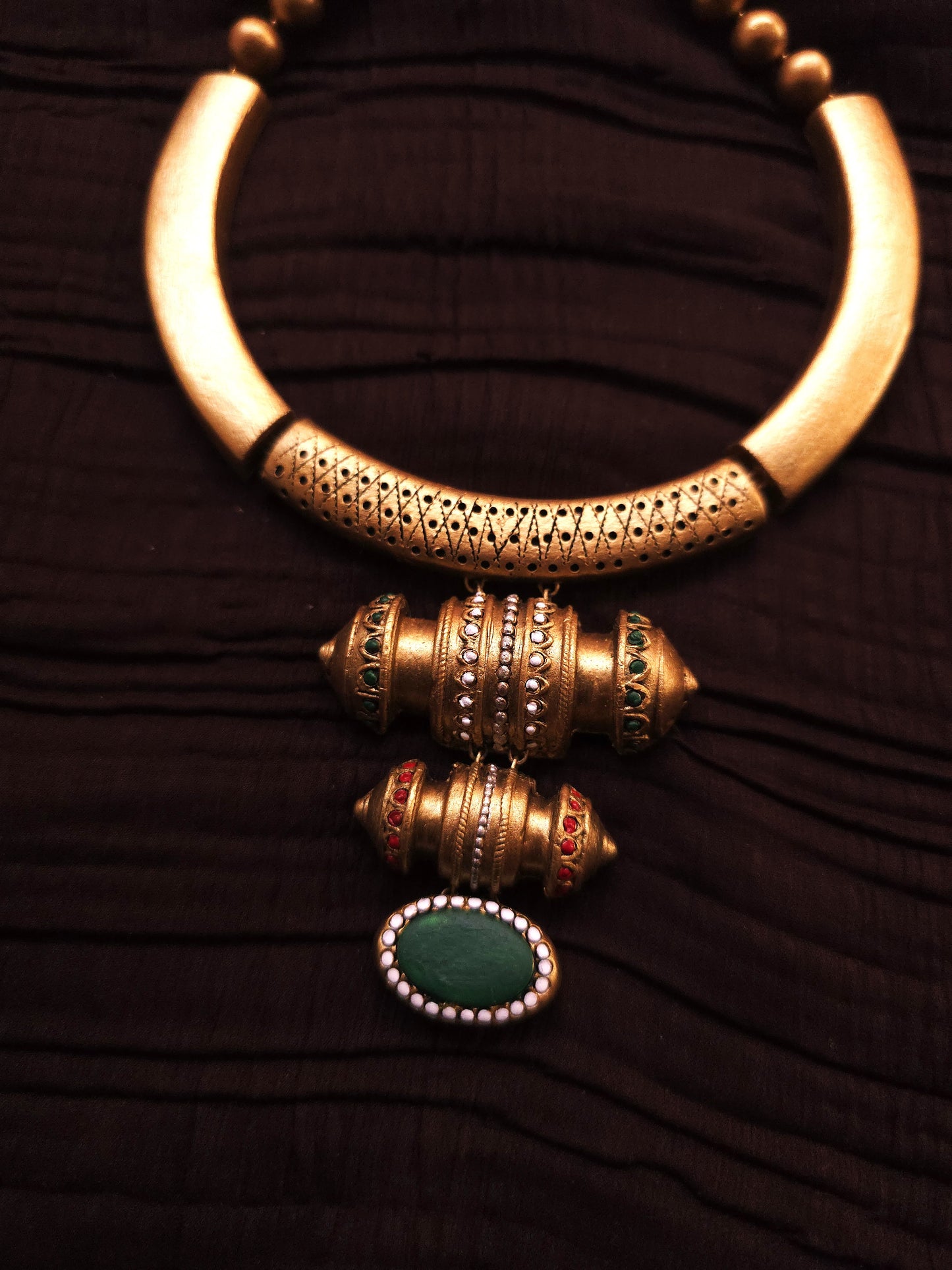 Malini Antique Gold Rigid Hasli & Multi-Tiered Drum Bead Terracotta Set