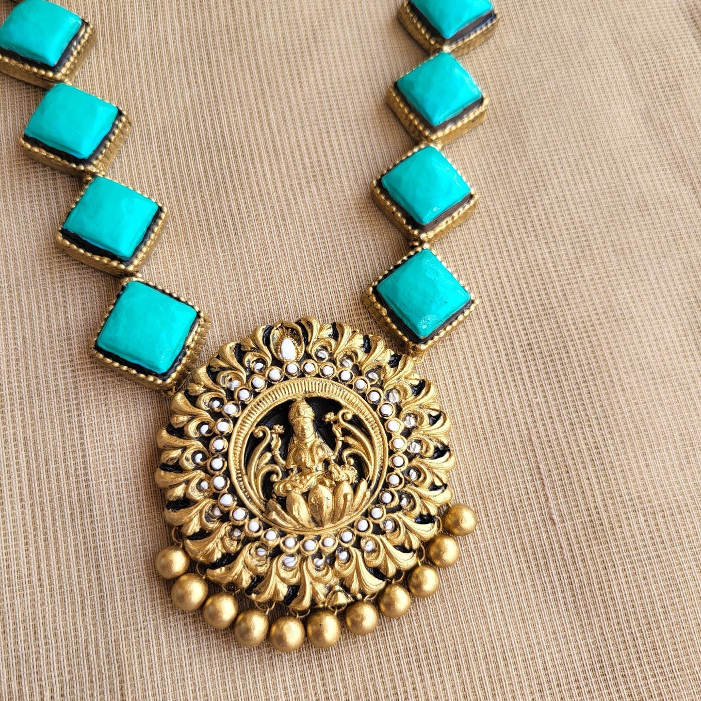 Contemporary ethnic terracotta jewellery set with aqua blue beads