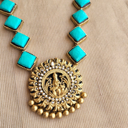Contemporary ethnic terracotta jewellery set with aqua blue beads