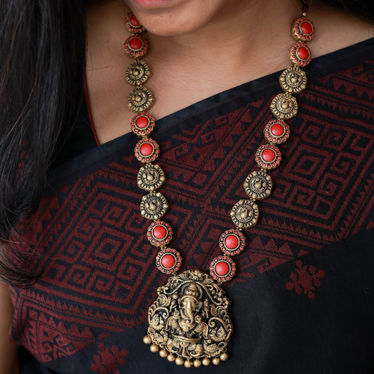 Manthra - Red flower and antique gold peacock motif neckace with ganesha pendant taerracotta jewellery with matching jumkas