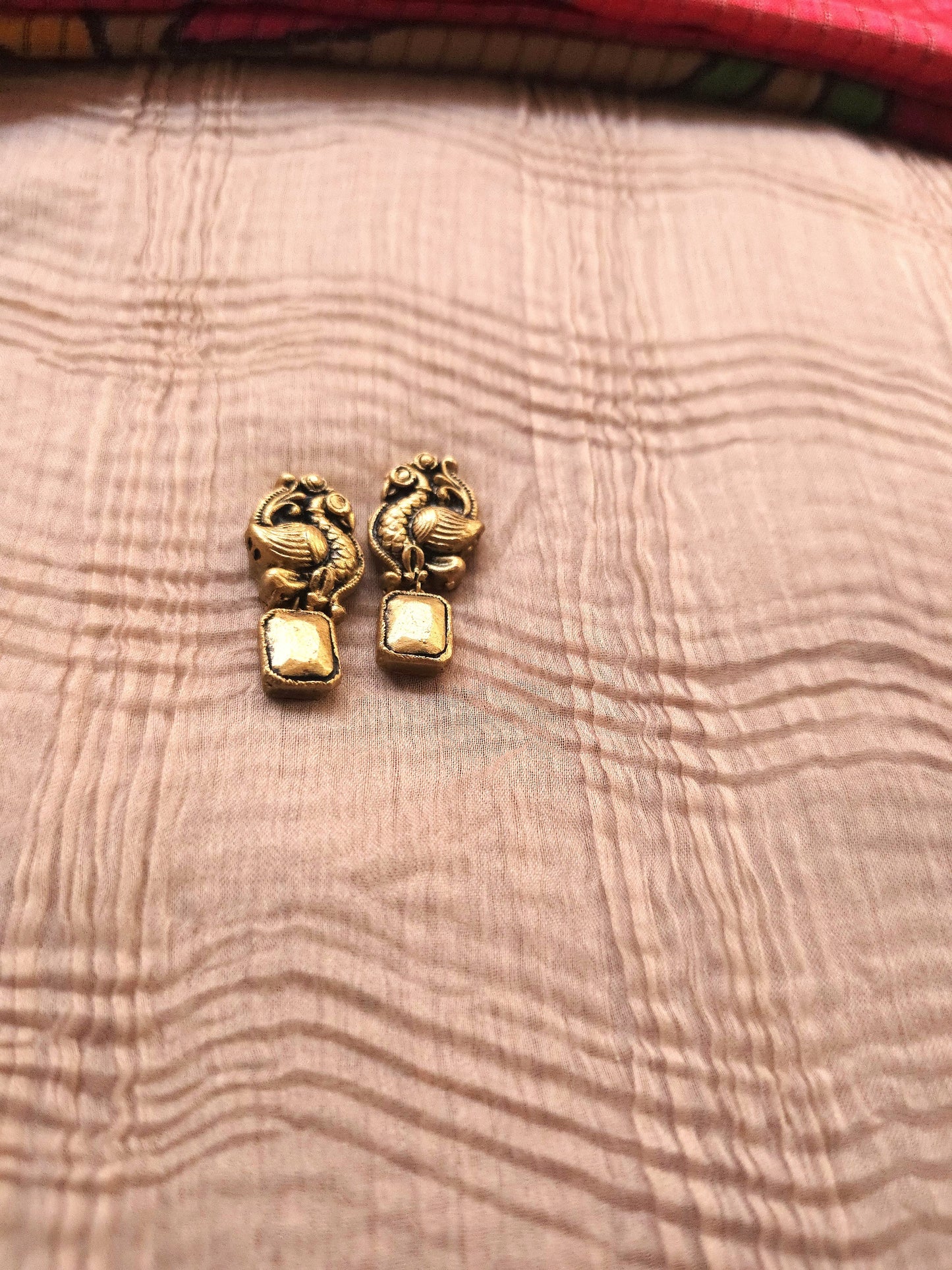 Mayura Antique Gold Peacock Emblem & Three-Layer Crimson Terracotta Set