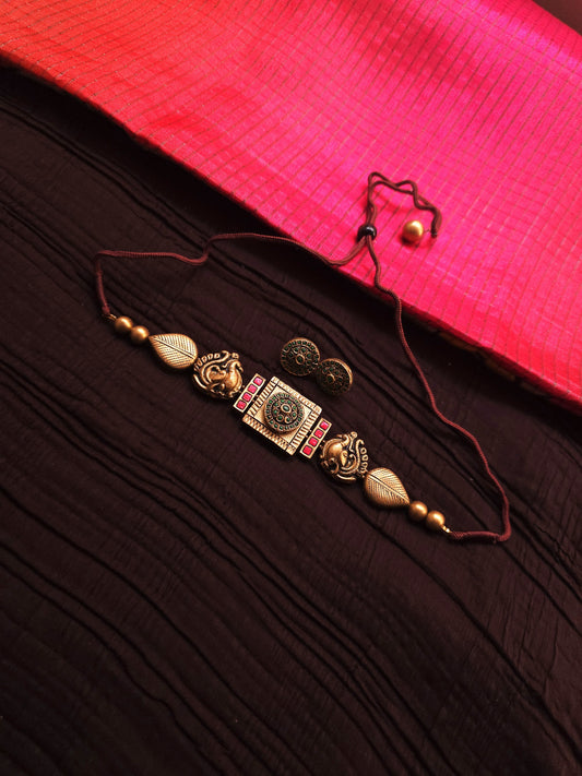 Mayura Choker Antique Gold Peacock & Square Medallion Terracotta Set