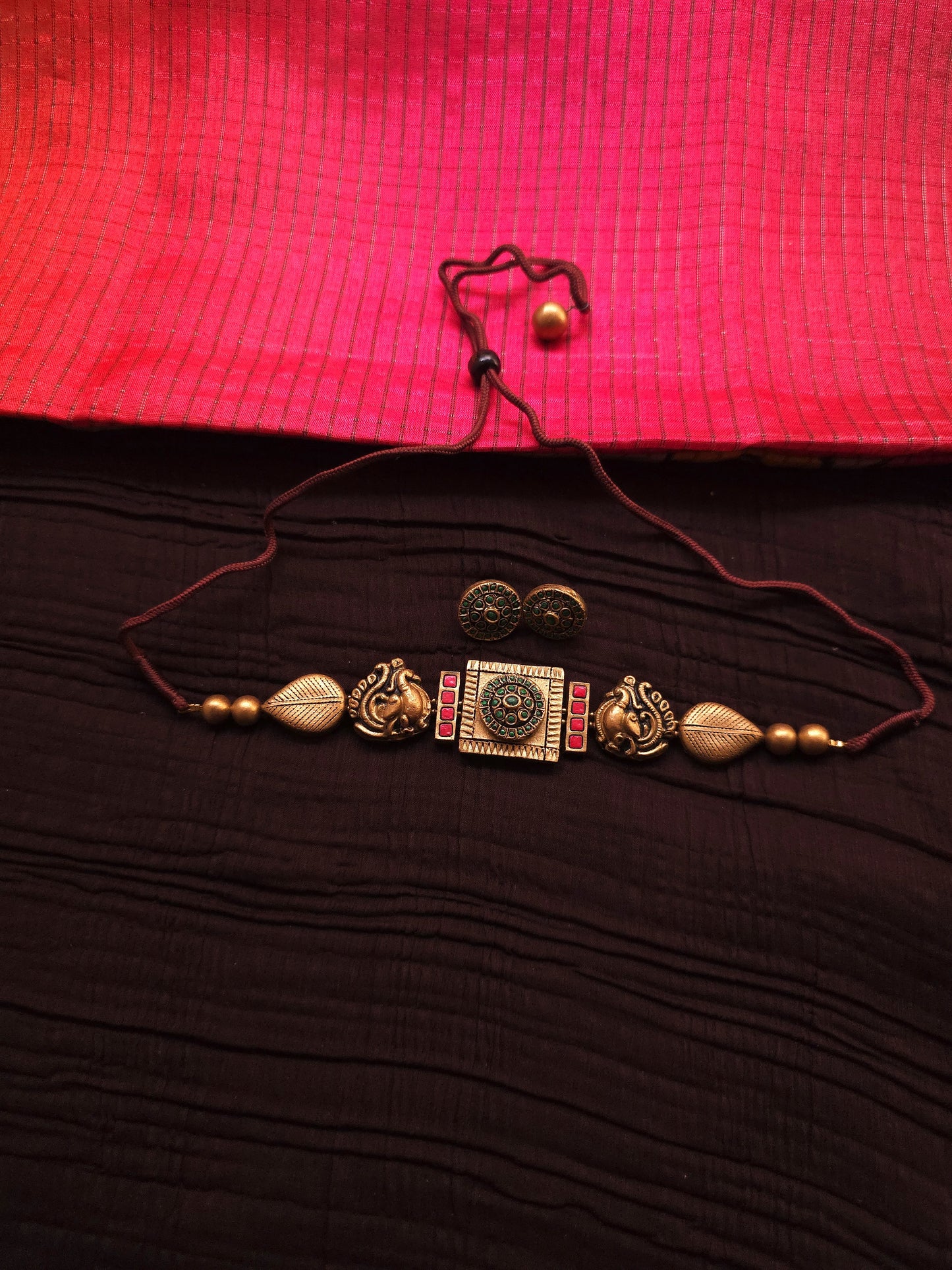 Mayura Choker Antique Gold Peacock & Square Medallion Terracotta Set