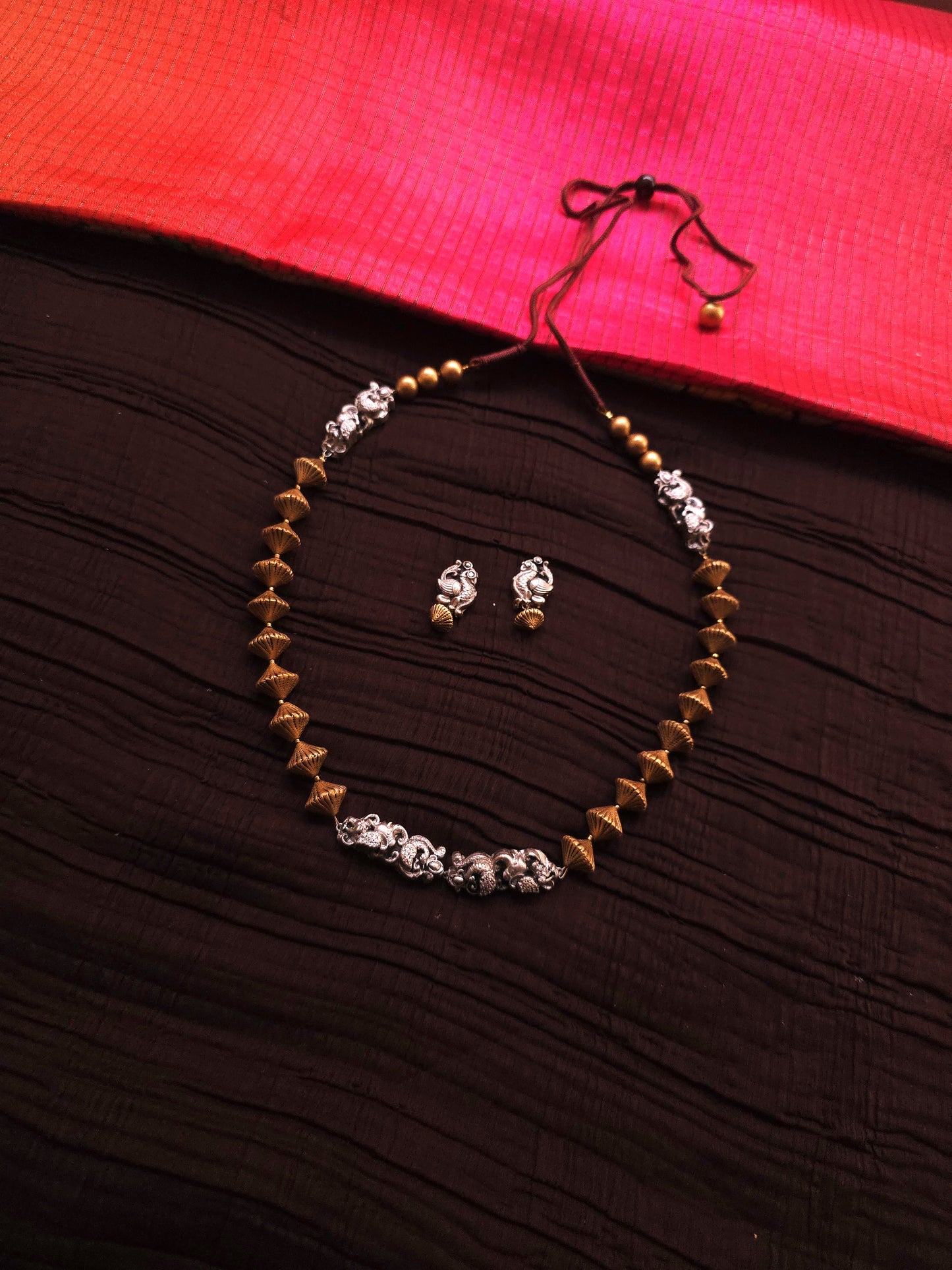 Mayura Dual-Tone Antique Gold & Oxidized Silver Peacock Terracotta Set