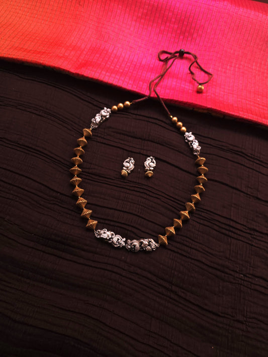 Mayura Dual-Tone Antique Gold & Oxidized Silver Peacock Terracotta Set