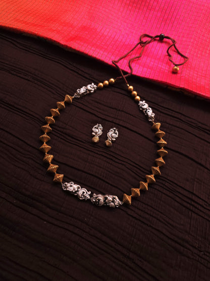 Mayura Dual-Tone Antique Gold & Oxidized Silver Peacock Terracotta Set