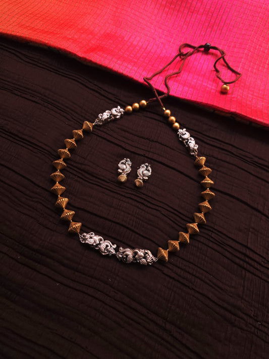 Mayura Dual-Tone Antique Gold & Oxidized Silver Peacock Terracotta Set