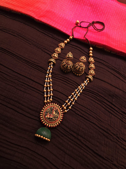 Mayura Jhumka Antique Gold Multi-Strand & Emerald Green Terracotta Haar Set