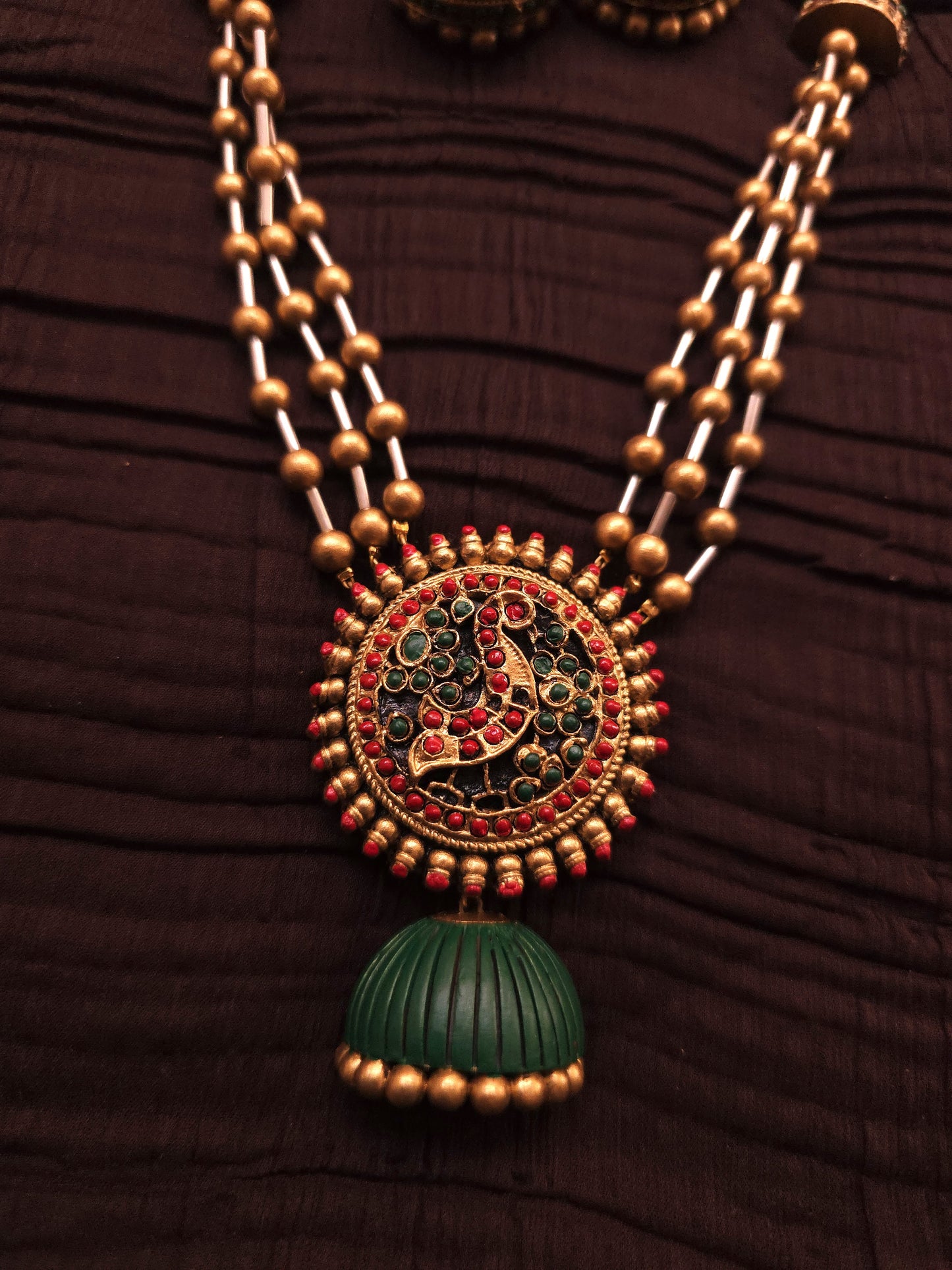 Mayura Jhumka Antique Gold Multi-Strand & Emerald Green Terracotta Haar Set