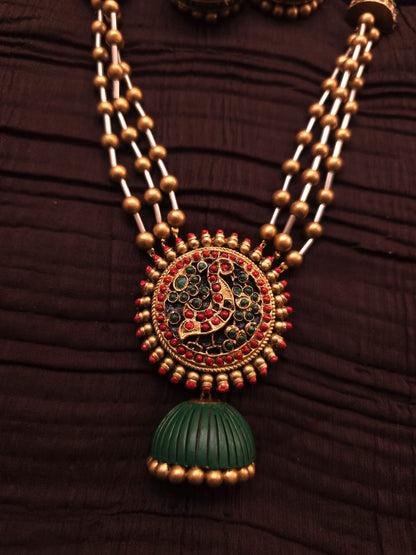 Mayura Jhumka Antique Gold Multi-Strand & Emerald Green Terracotta Haar Set