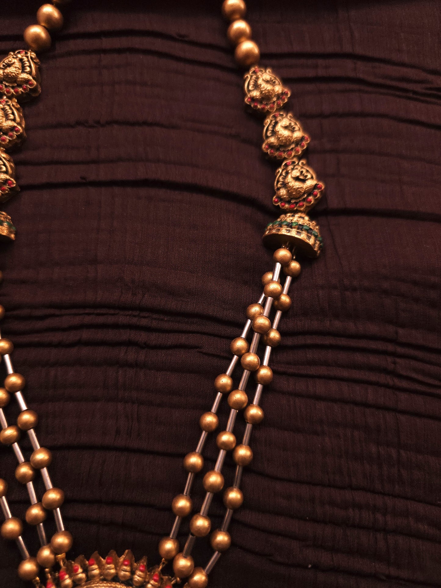 Mayura Jhumka Antique Gold Multi-Strand & Emerald Green Terracotta Haar Set