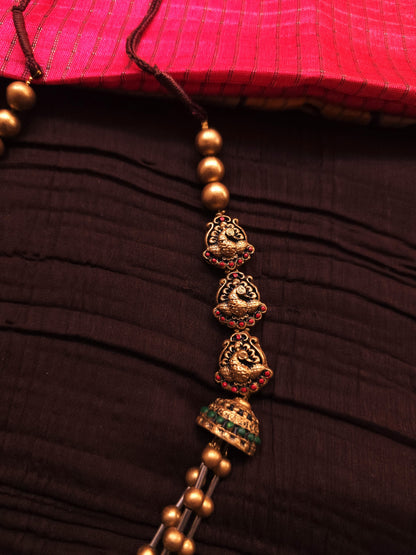 Mayura Jhumka Antique Gold Multi-Strand & Emerald Green Terracotta Haar Set