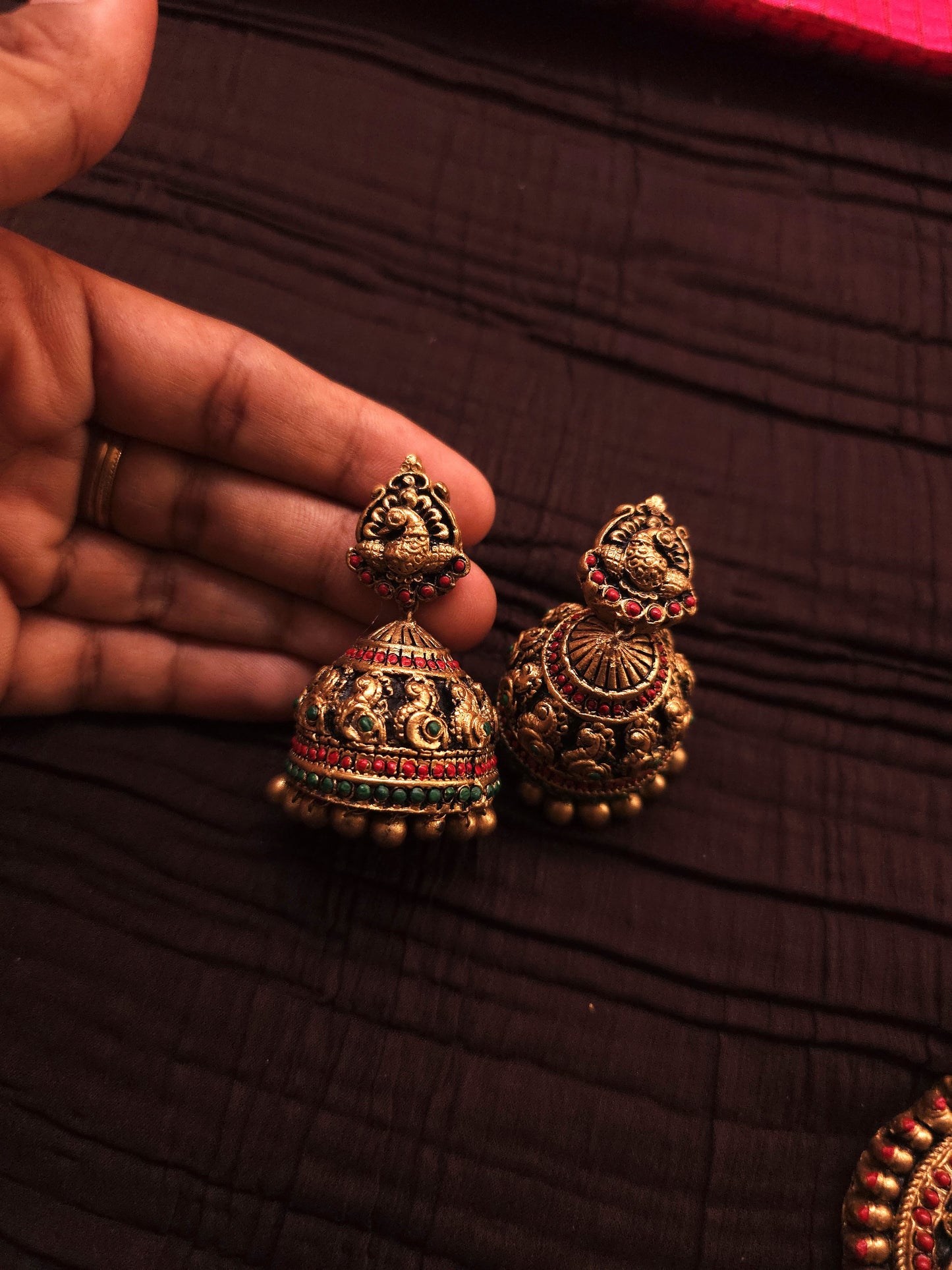 Mayura Jhumka Antique Gold Multi-Strand & Emerald Green Terracotta Haar Set