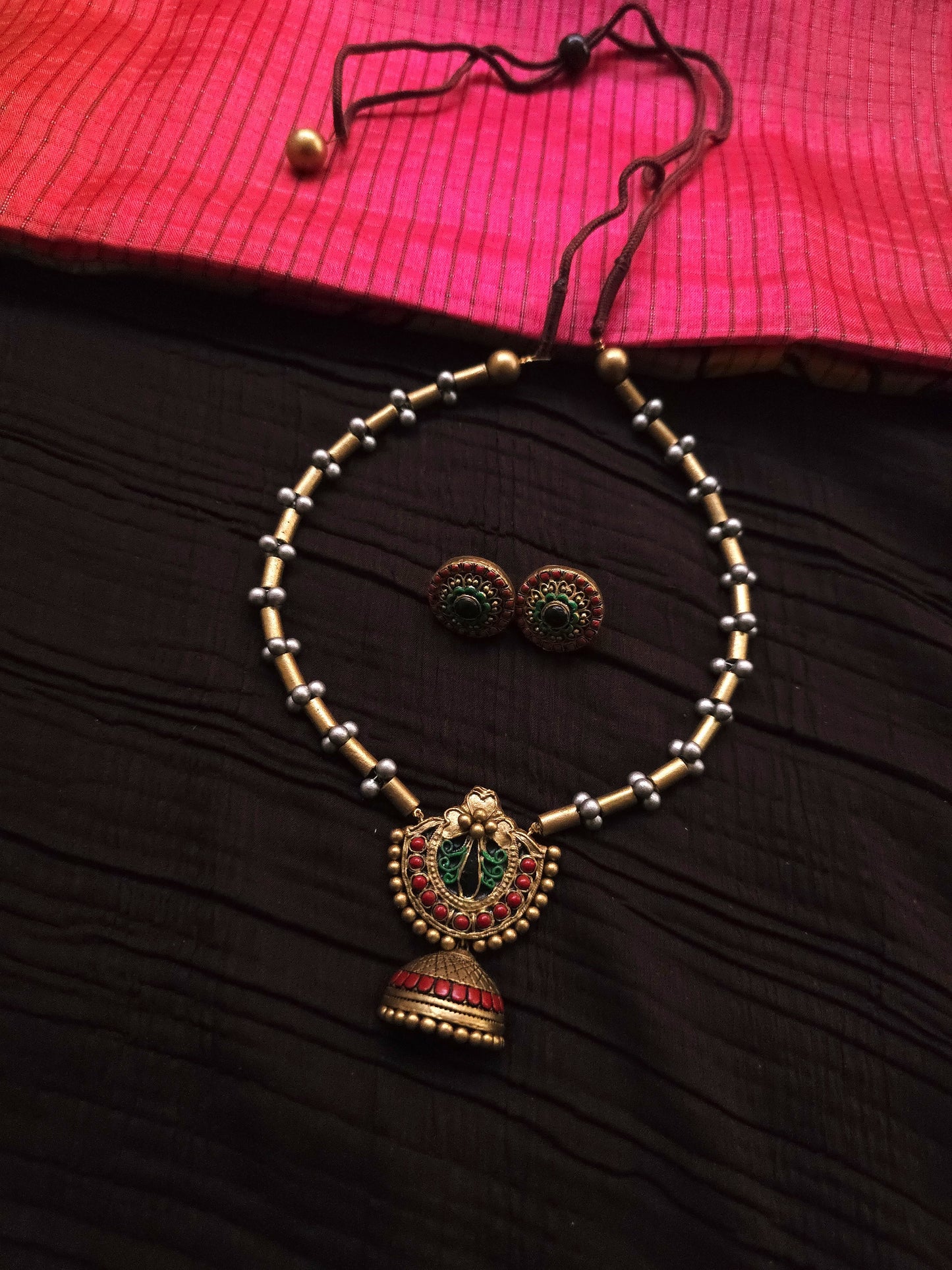 Mayura Jhumka Antique Gold Tubular Bead & Vibrant Multi-Color Terracotta Choker Set