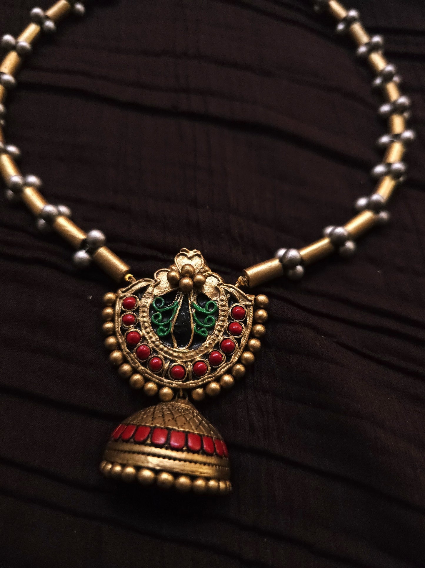 Mayura Jhumka Antique Gold Tubular Bead & Vibrant Multi-Color Terracotta Choker Set