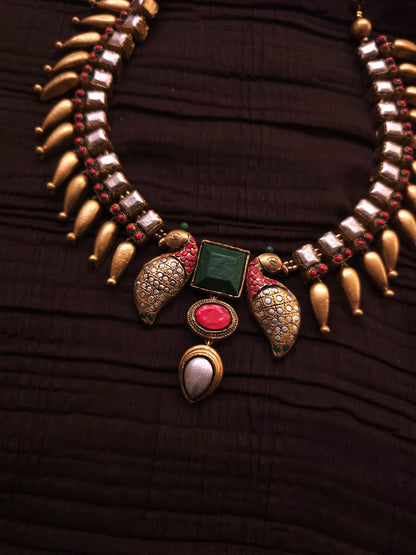 Mayura Kundan Antique Gold Peacock Fringe & Multi-Color Geometric Terracotta Set