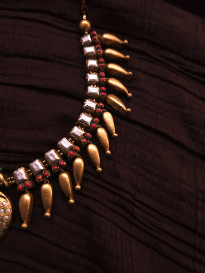 Mayura Kundan Antique Gold Peacock Fringe & Multi-Color Geometric Terracotta Set